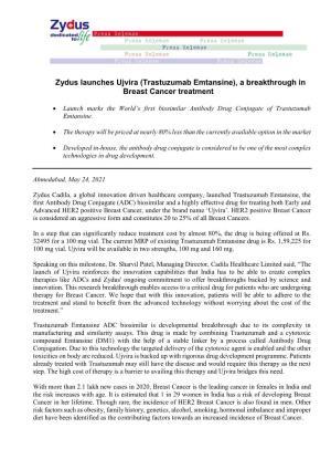 Zydus Launches Ujvira (Trastuzumab Emtansine), a Breakthrough in Breast Cancer Treatment