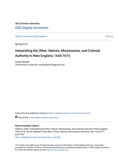 Natives, Missionaries, and Colonial Authority in New England, 1643-1675
