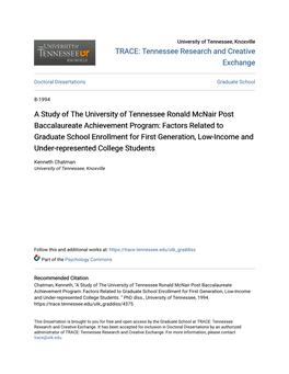 A Study of the University of Tennessee Ronald Mcnair Post Baccalaureate Achievement Program: Factors Related to Graduate School