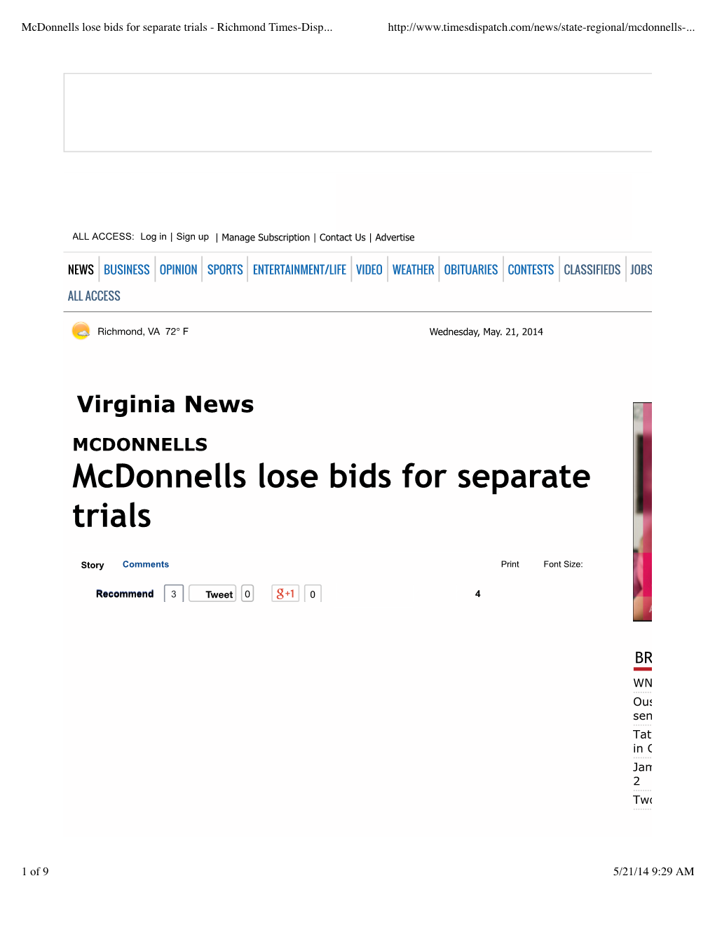 Mcdonnells Lose Bids for Separate Trials - Richmond Times-Disp