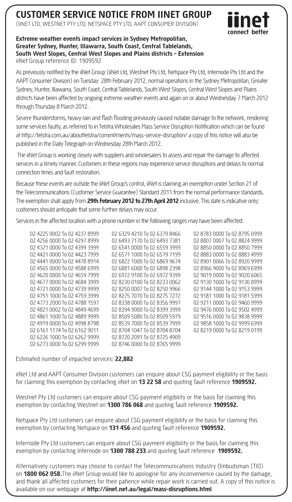 Customer Service Notice from Iinet Group (Iinet Ltd, Westnet Pty Ltd, Netspace Pty Ltd, Aapt Consumer Division)