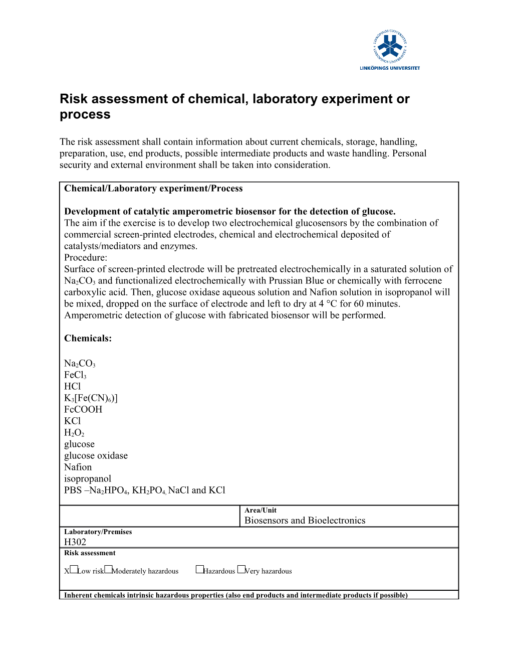 Risk Assessment of Chemical, Laboratory Experiment Or Process