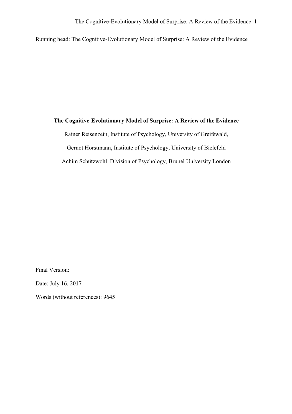 The Cognitive-Evolutionary Model of Surprise: a Review of the Evidence 1