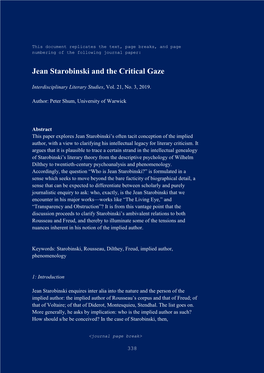Jean Starobinski and the Critical Gaze