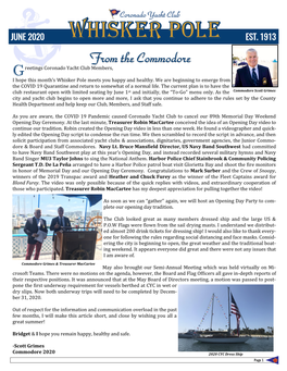 From the Commodore Reetings Coronado Yacht Club Members, G I Hope This Month’S Whisker Pole Meets You Happy and Healthy
