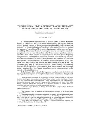 Transylvanian Civic Sumptuary Laws in the Early Modern Period: Preliminary Observations*