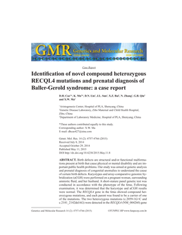 Identification of Novel Compound Heterozygous RECQL4 Mutations and Prenatal Diagnosis of Baller-Gerold Syndrome: a Case Report