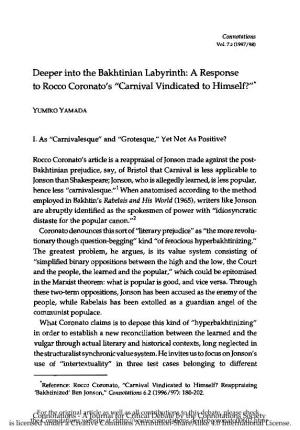 Deeper Into the Bakhtinian Labyrinth: a Response to Rocco Coronato's "Carnival Vindicated to Himself?"·