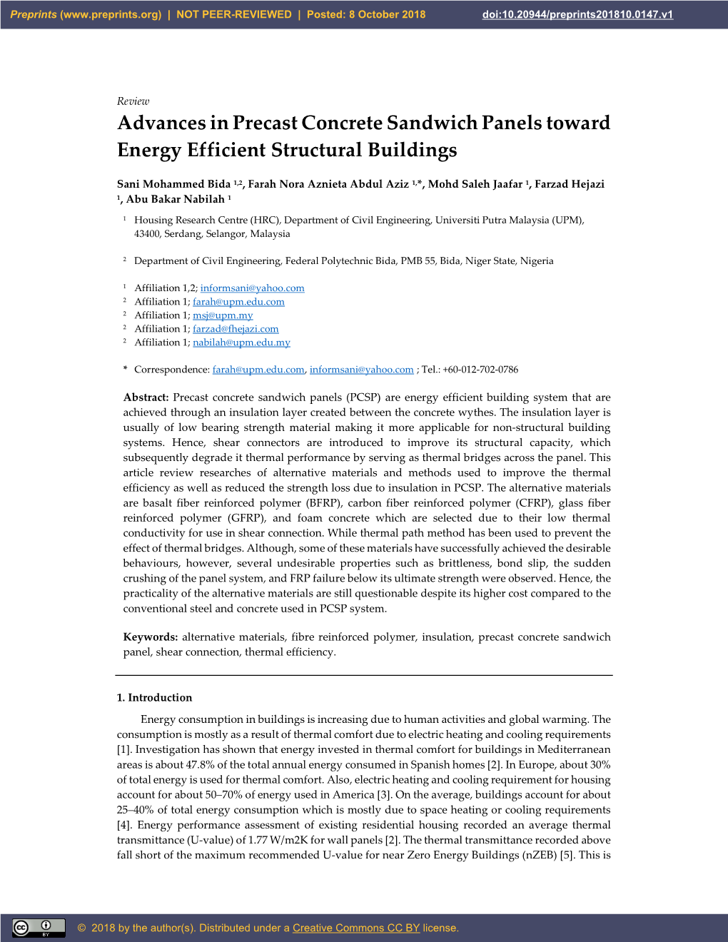 Advances in Precast Concrete Sandwich Panels Toward Energy Efficient Structural Buildings