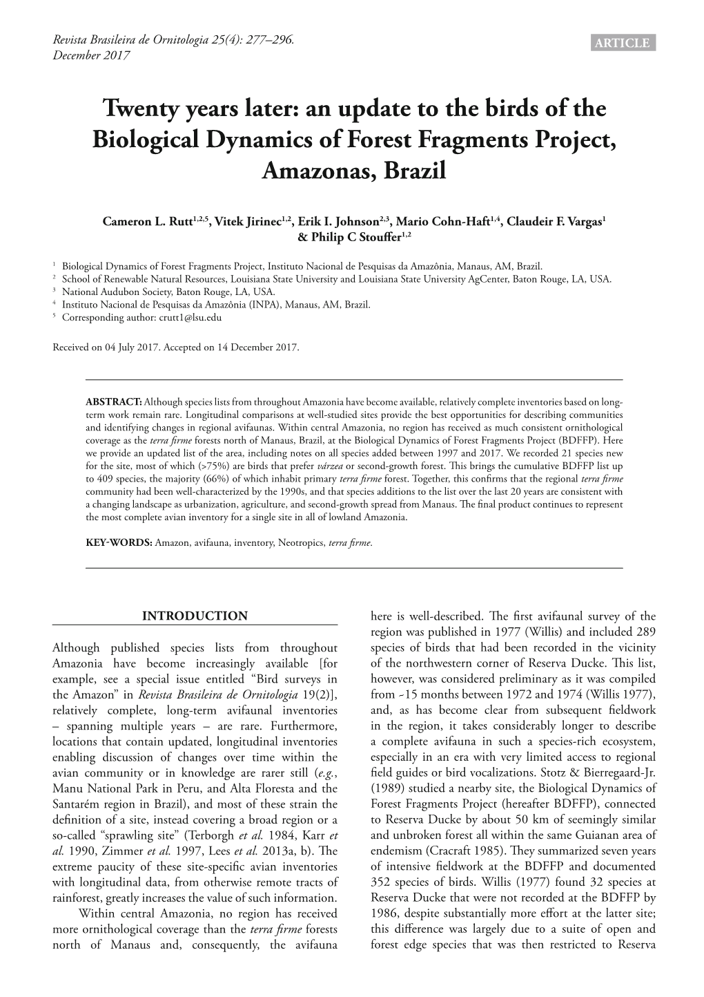 An Update to the Birds of the Biological Dynamics of Forest Fragments Project, Amazonas, Brazil