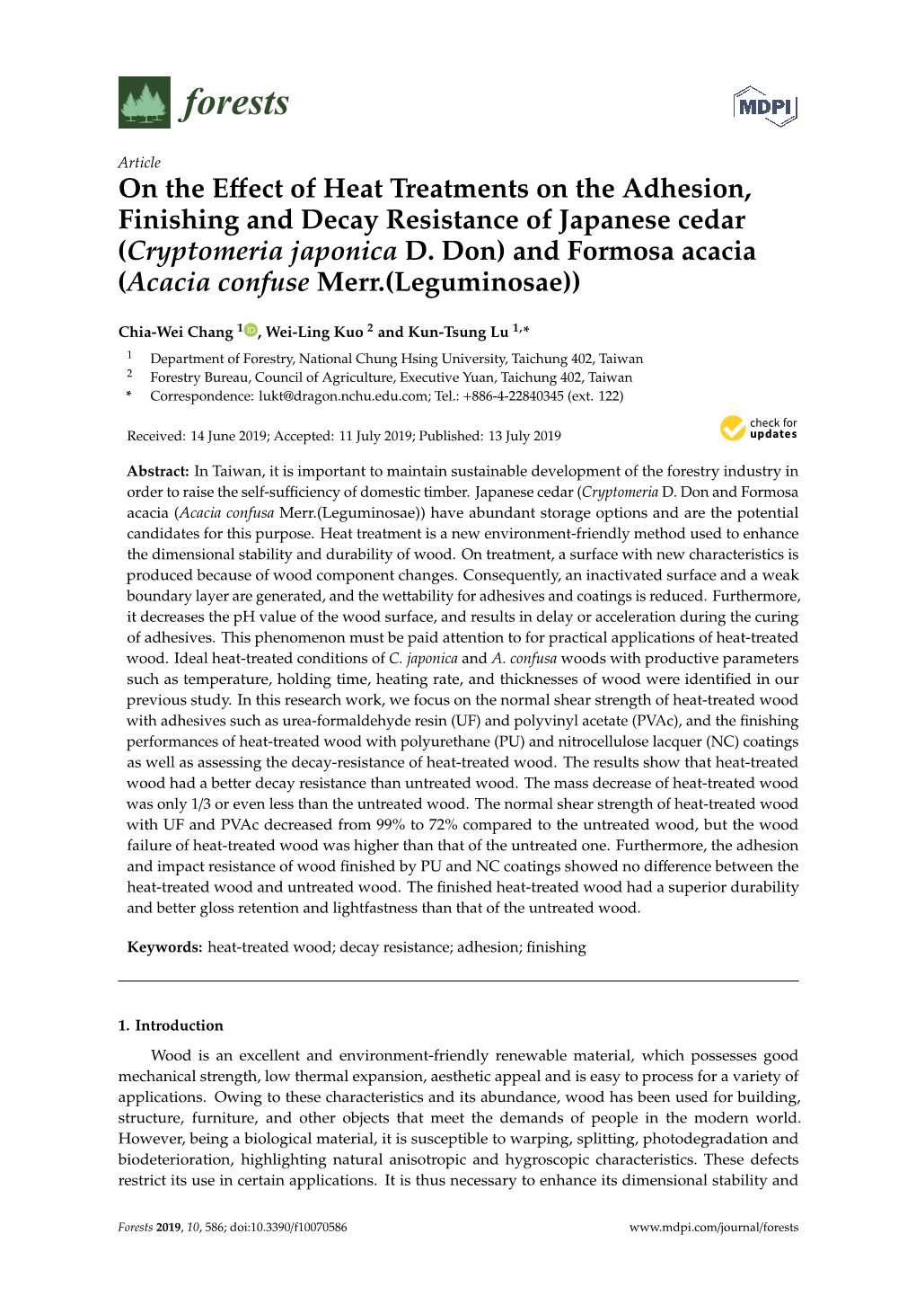 On the Effect of Heat Treatments on the Adhesion, Finishing and Decay Resistance of Japanese Cedar (Cryptomeria Japonica D. Don)