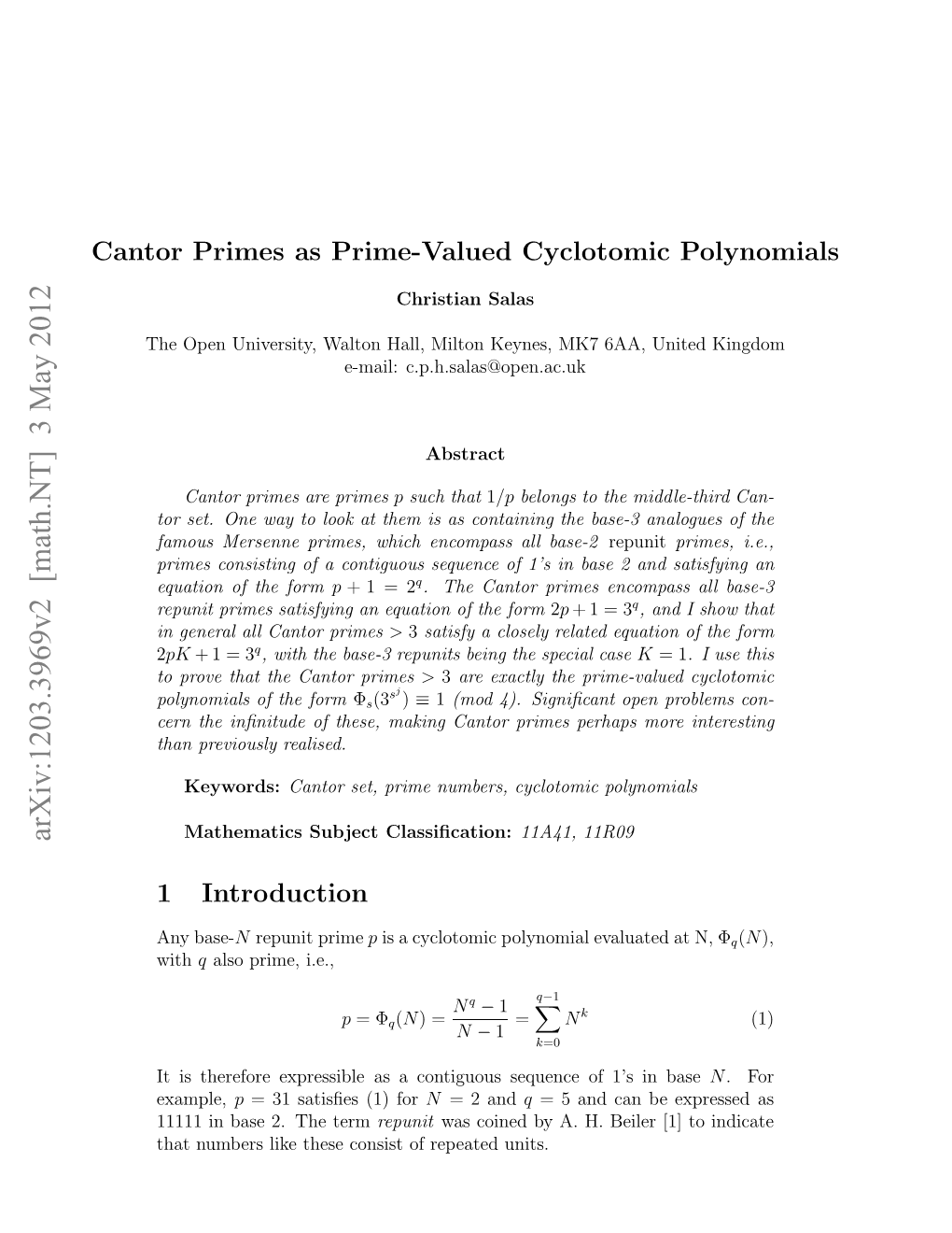 Cantor Primes As Prime-Valued Cyclotomic Polynomials