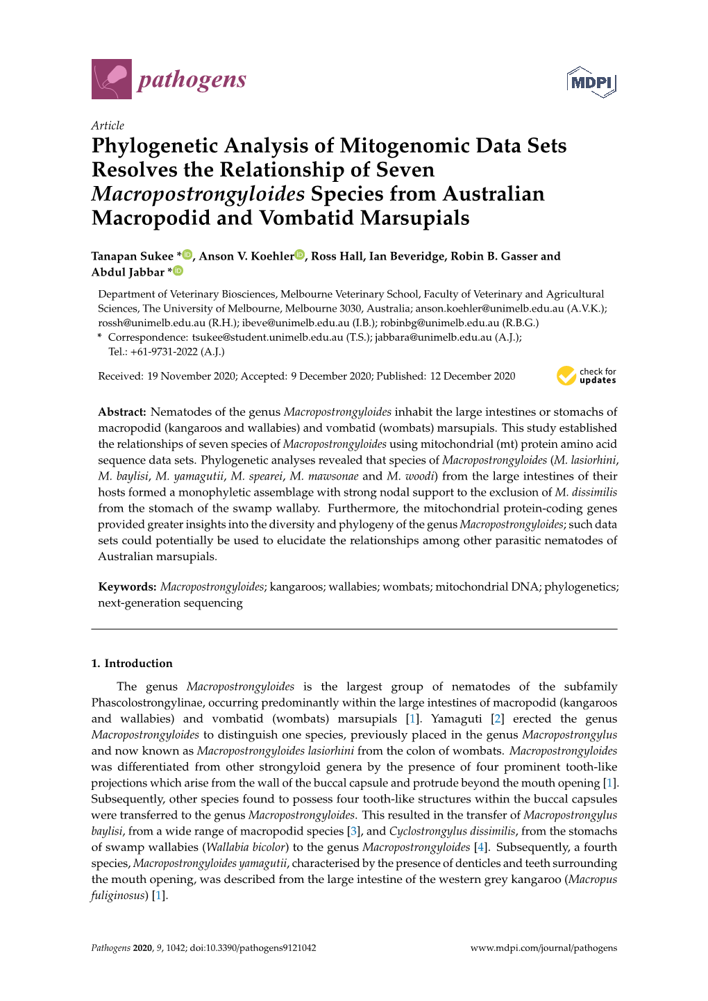 Phylogenetic Analysis of Mitogenomic Data Sets Resolves the Relationship of Seven Macropostrongyloides Species from Australian Macropodid and Vombatid Marsupials