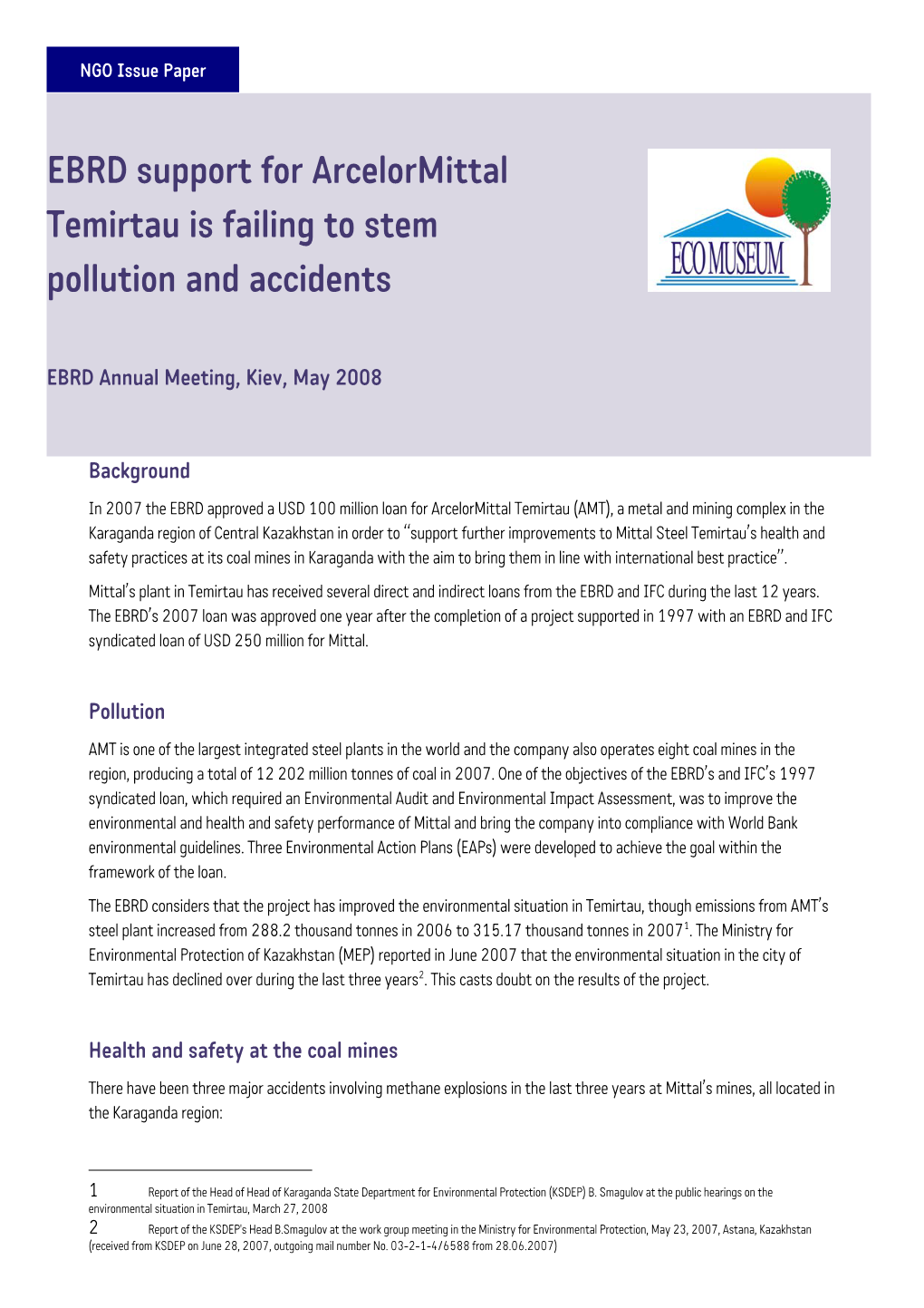 EBRD Support for Arcelormittal Temirtau Is Failing to Stem Pollution and Accidents