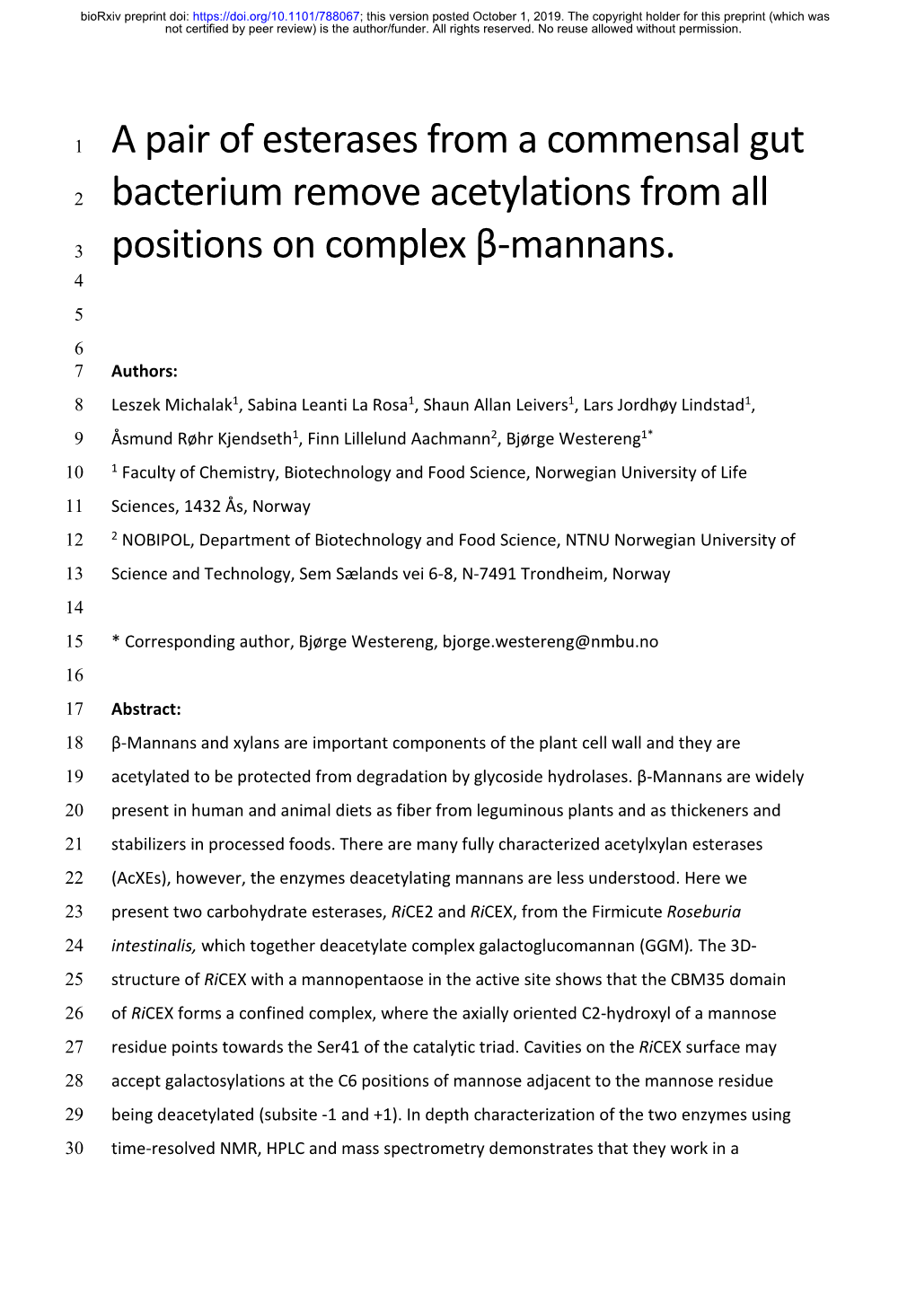 A Pair of Esterases from a Commensal Gut Bacterium Remove Acetylations from All Positions on Complex Β-Mannans