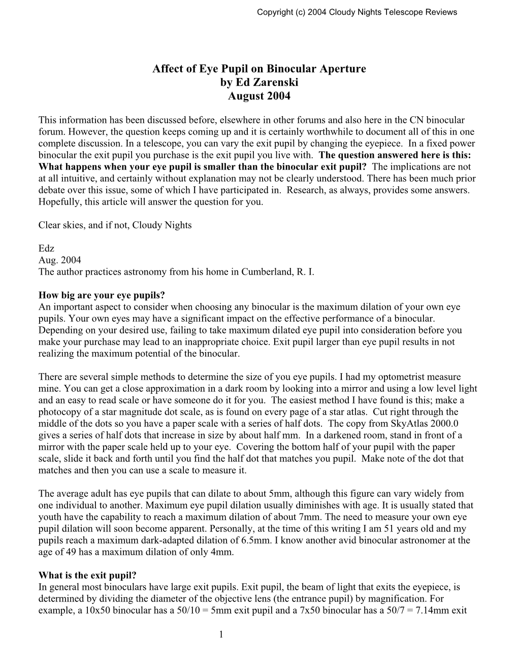 Affect of Eye Pupil on Binocular Aperture by Ed Zarenski August 2004