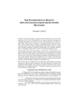 The Environmental Deficit: Applying Lessons from the Economic Recession