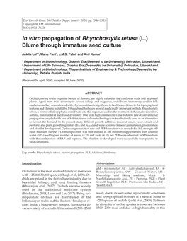In Vitro Propagation of Rhynchostylis Retusa (L.) Blume Through Immature Seed Culture