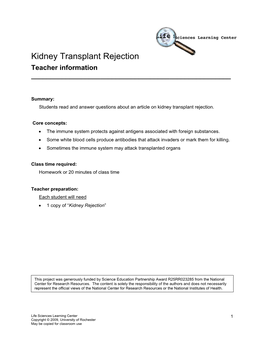 Kidney Transplant Rejection Teacher Information ______