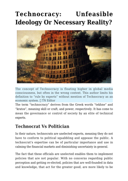 Technocracy: Unfeasible Ideology Or Necessary Reality?