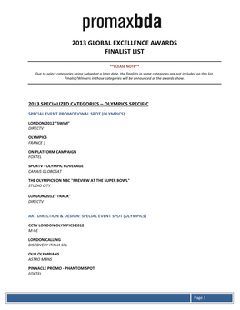 2013 Global Excellence Awards Finalist List