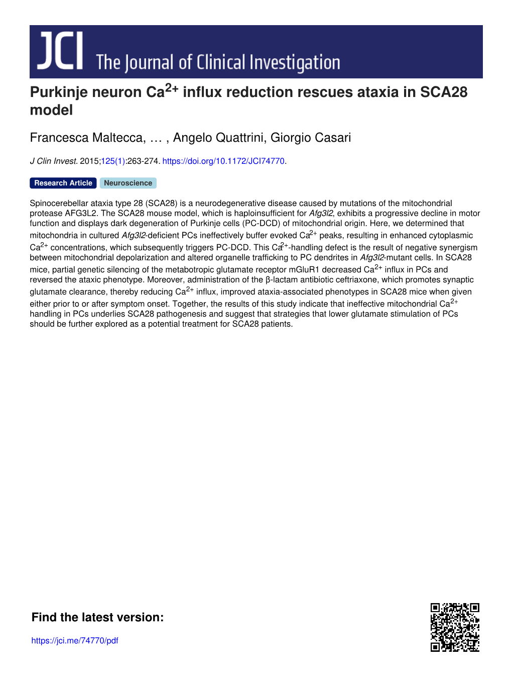 Purkinje Neuron Ca Influx Reduction Rescues Ataxia in SCA28