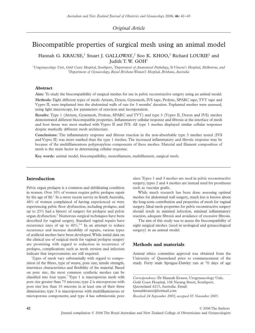 Biocompatible Properties of Surgical Mesh Using an Animal Model