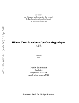 Hilbert-Kunz Functions of Surface Rings of Type ADE Arxiv:1604.08435V1