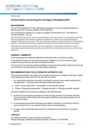 Clinical Advice Concerning the Shortage of Benzylpenicillin