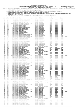 GOVERNMENT of MAHARASHTRA Admissions to MD/MS/DIPLOMA Courses, 2017-2018 (Round: 1.0) Printed On:05/05/2017 SELECTION LIST for NEET(PG)-CET 2017 Pg : - 1 - Note: 1