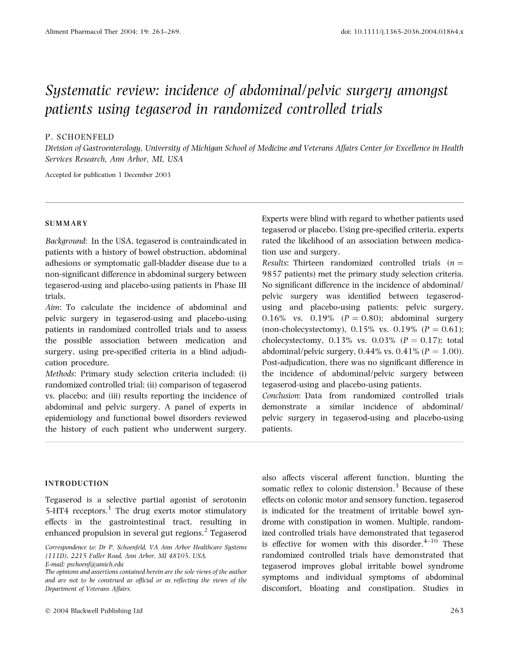 Incidence of Abdominal/Pelvic Surgery Amongst Patients Using Tegaserod in Randomized Controlled Trials