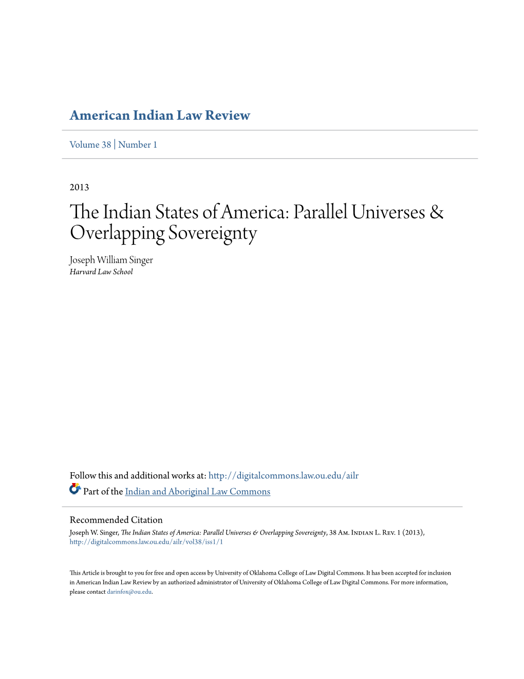 The Indian States of America: Parallel Universes & Overlapping Sovereignty