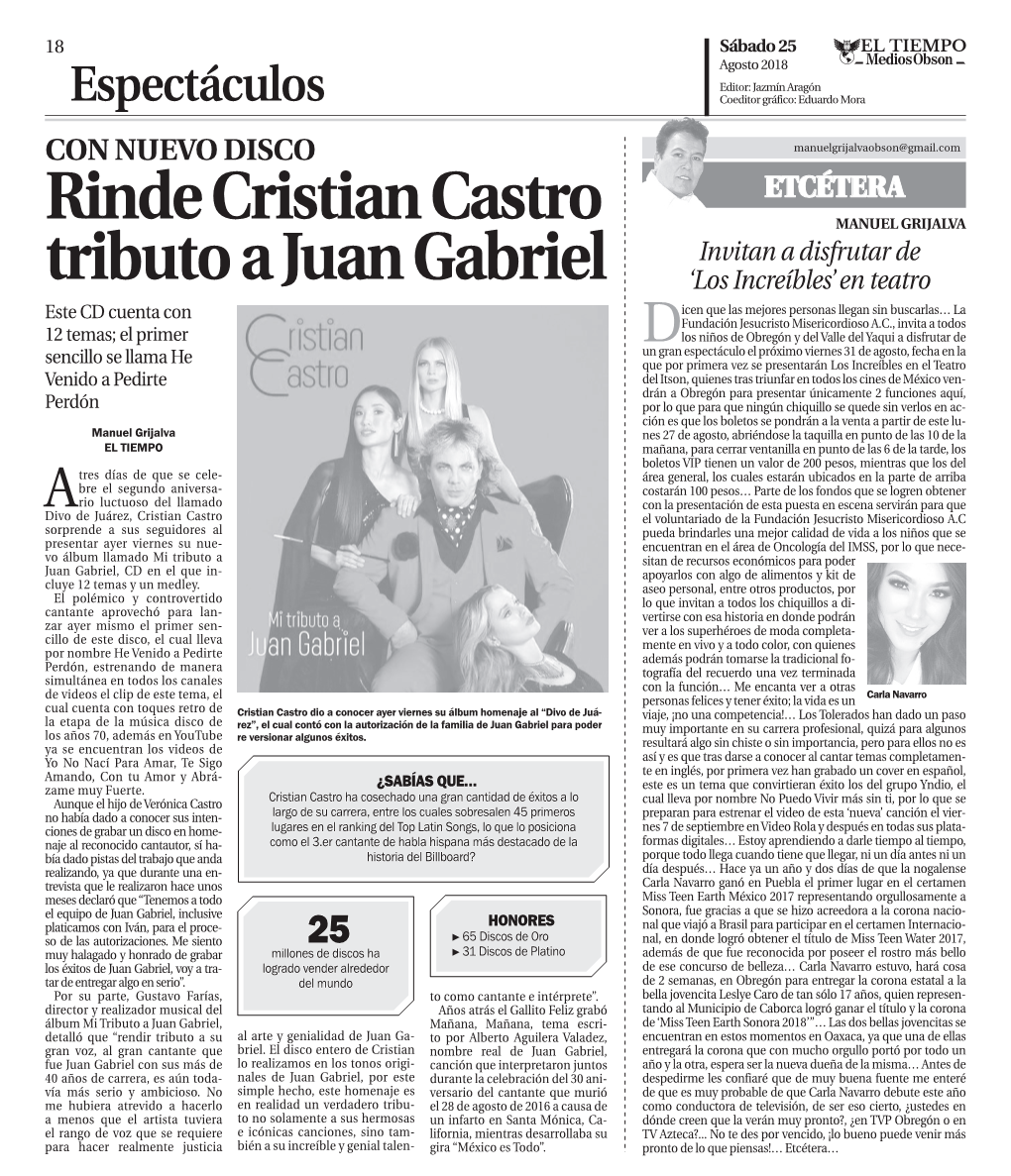 Rinde Cristian Castro Tributo a Juan Gabriel