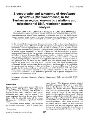 Biogeography and Taxonomy of Apodemus Sylvaticus (The Woodmouse) in the Tyrrhenian Region: Enzymatic Variations and Mitochondrial DNA Restriction Pattern Analysis J