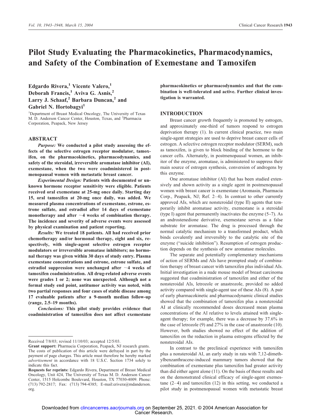 Pilot Study Evaluating the Pharmacokinetics, Pharmacodynamics, and Safety of the Combination of Exemestane and Tamoxifen