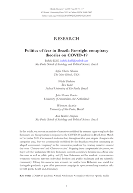 Politics of Fear in Brazil: Far-Right Conspiracy Theories on COVID-19, Global Discourse, Vol 00, No 00, 1–17, DOI: 10.1332/204378921X16193452552605