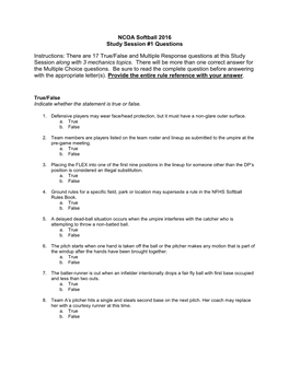NCOA Softball 2016 Study Session #1 Questions Instructions