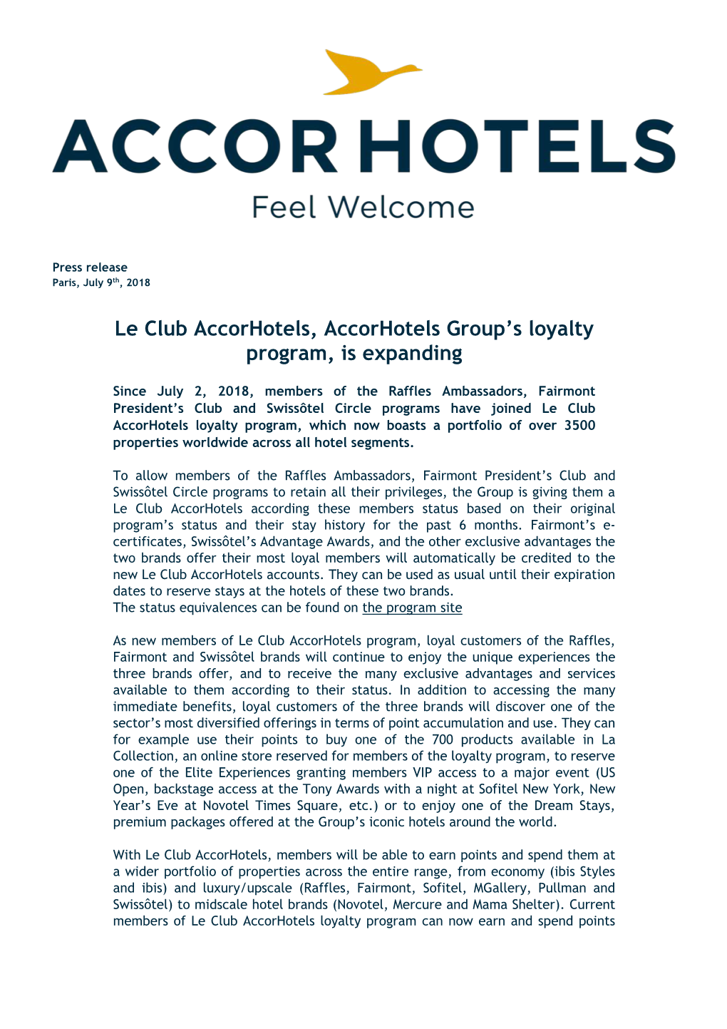 Le Club Accorhotels, Accorhotels Group's Loyalty Program, Is Expanding