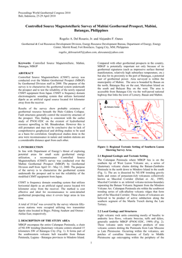 Controlled Source Magnetotelluric Survey of Mabini Geothermal Prospect, Mabini, Batangas, Philippines