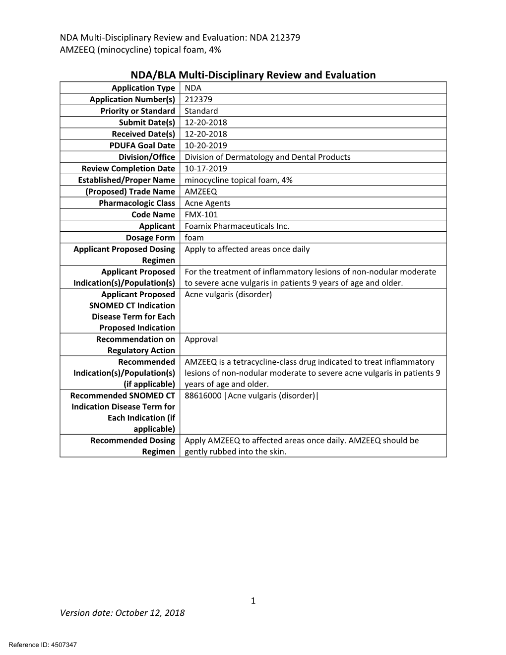 NDA Multi-Disciplinary Review and Evaluation: NDA 212379 AMZEEQ (Minocycline) Topical Foam, 4%