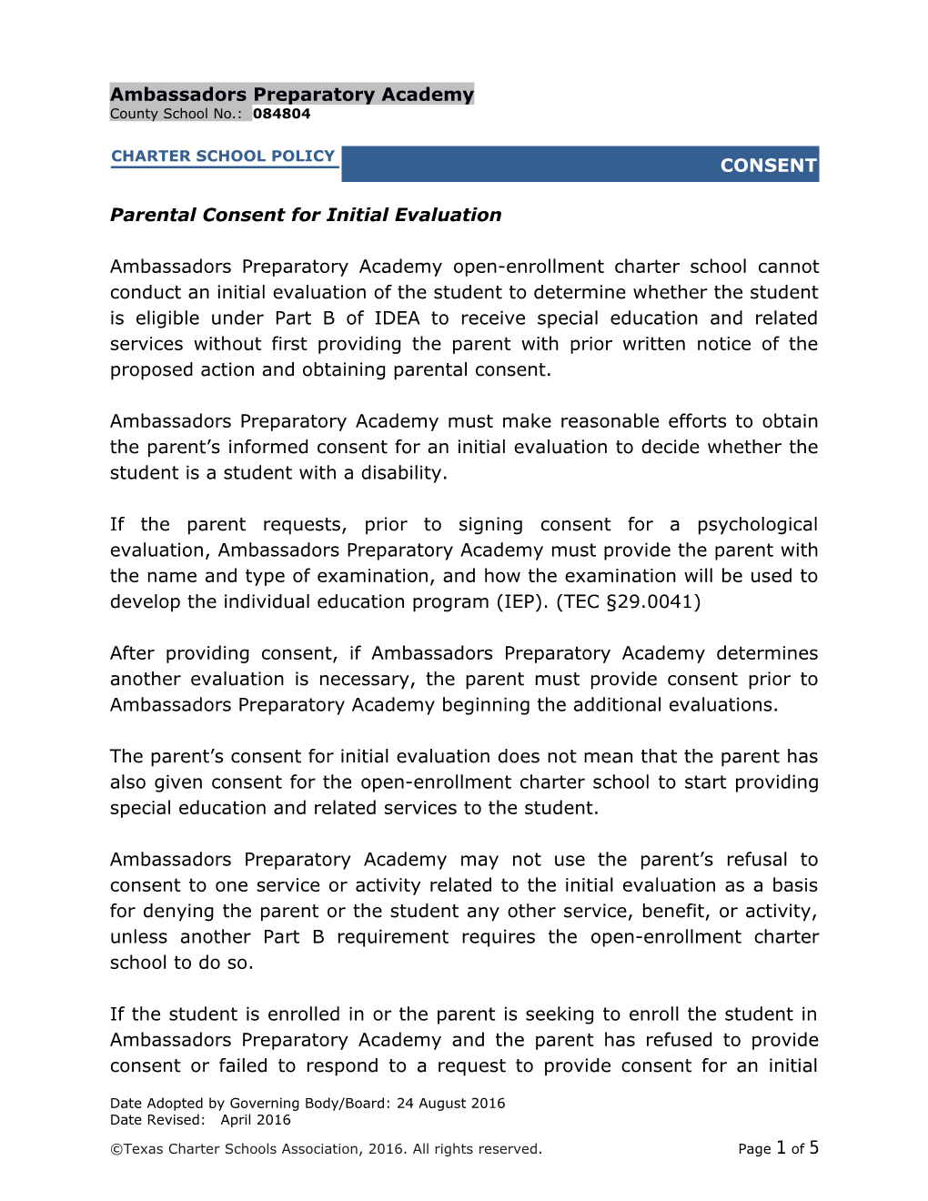 Model Policies for Open-Enrollment Charter Schools