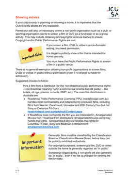 Showing Movies If Your Club/Society Is Planning on Showing a Movie, It Is Imperative That the Club/Society Abides by Any Legislation