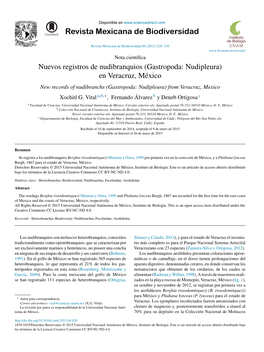 Nuevos Registros De Nudibranquios (Gastropoda: Nudipleura) En Veracruz, México New Records of Nudibranchs (Gastropoda: Nudipleura) from Veracruz, Mexico Xochitl G
