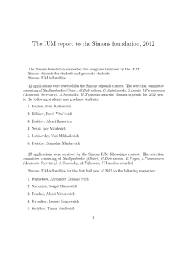 The IUM Report to the Simons Foundation, 2012