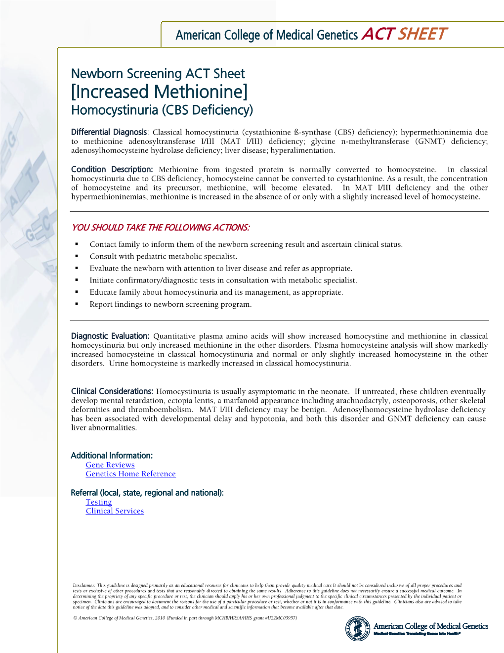 Newborn Screening ACT Sheet [Increased Methionine] Homocystinuria (CBS Deficiency)