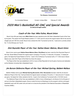 2020 Men's Basketball All-OAC and Special Awards