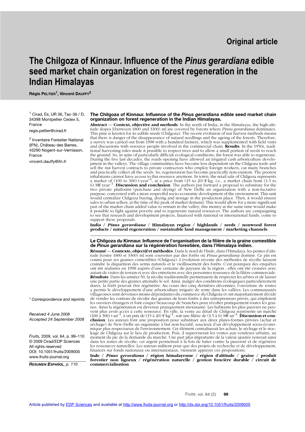 The Chilgoza of Kinnaur. Influence of the Pinus Gerardiana Edible Seed Market Chain Organization on Forest Regeneration in the Indian Himalayas