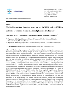 Methicillin-Resistant Staphylococcus Aureus (MRSA) and Anti-MRSA Activities of Extracts of Some Medicinal Plants: a Brief Review