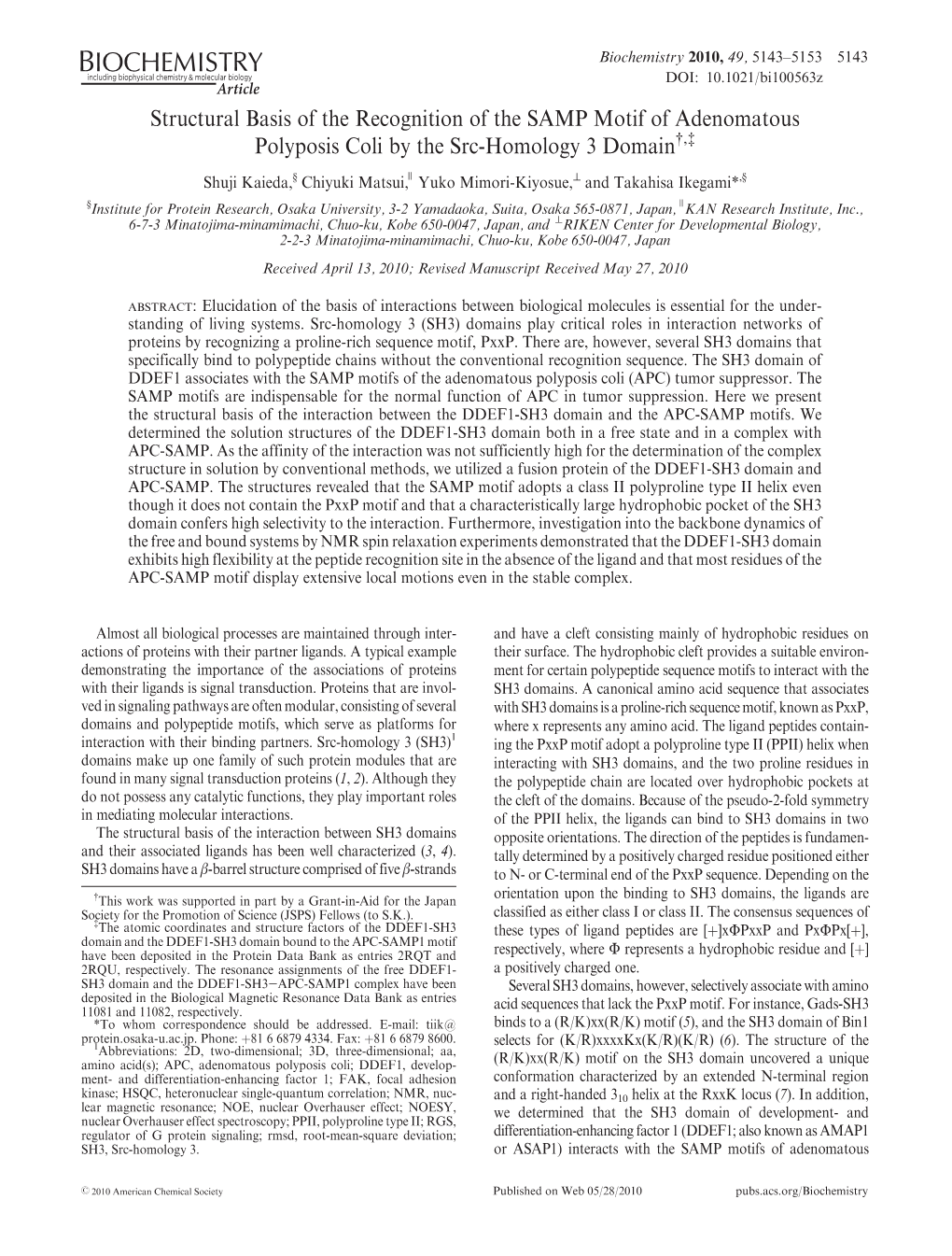 Structural Basis of the Recognition of the SAMP Motif of Adenomatous Polyposis Coli by the Src-Homology 3 Domain†,‡