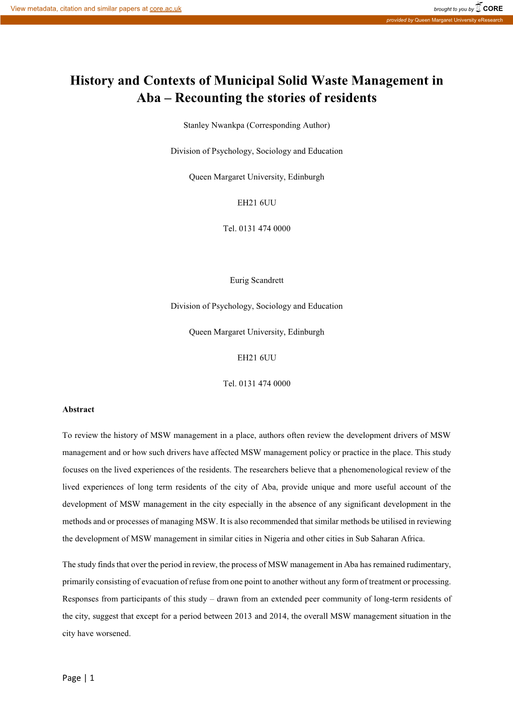 History and Contexts of Municipal Solid Waste Management in Aba – Recounting the Stories of Residents